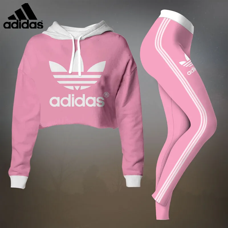 Adidas White Pink Luxury Brand Premium Clothes Leggings and Crop Top Set Special Outfit For Women