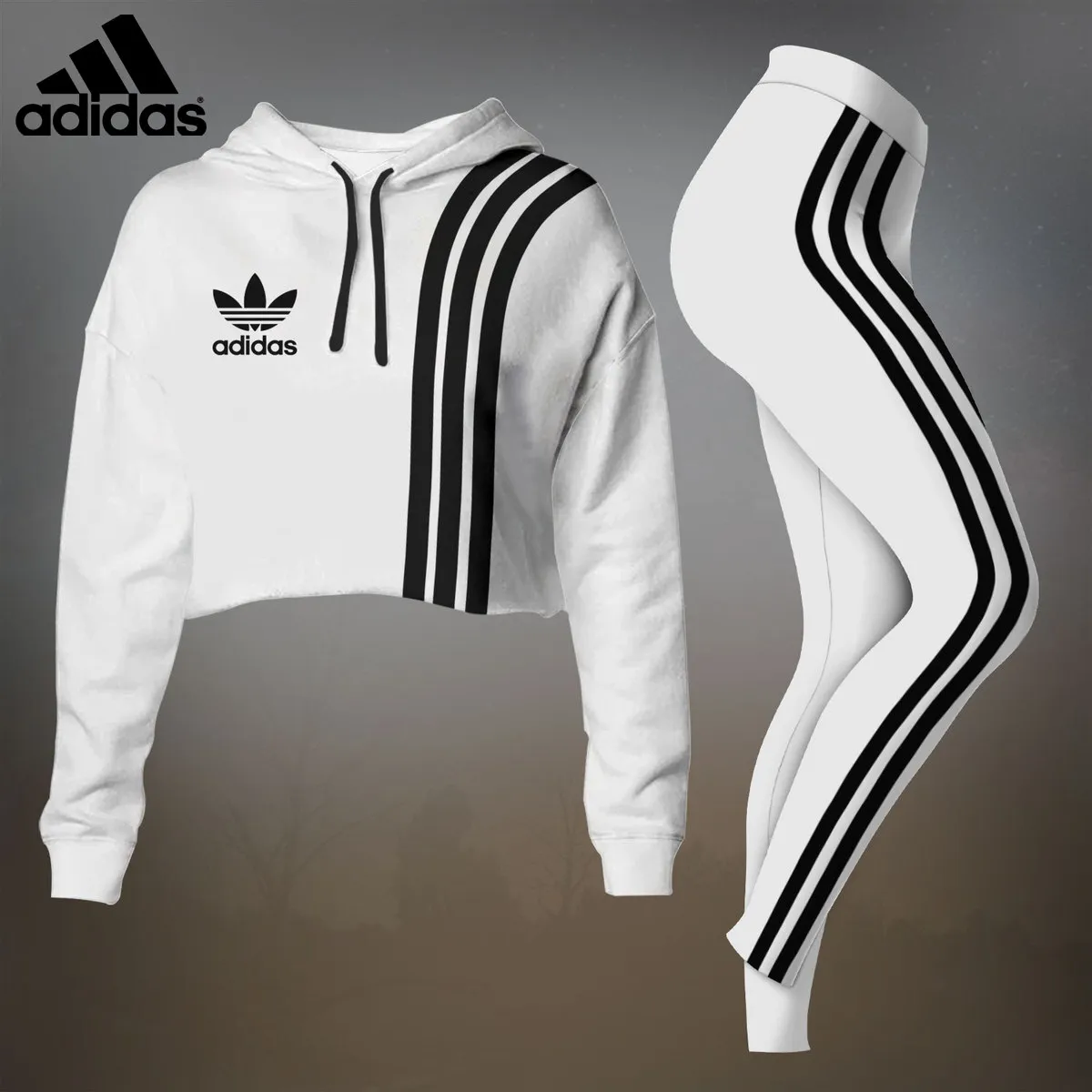 Adidas Black White Luxury Brand Premium Clothes Leggings and Crop Top Set Special Outfit For Women