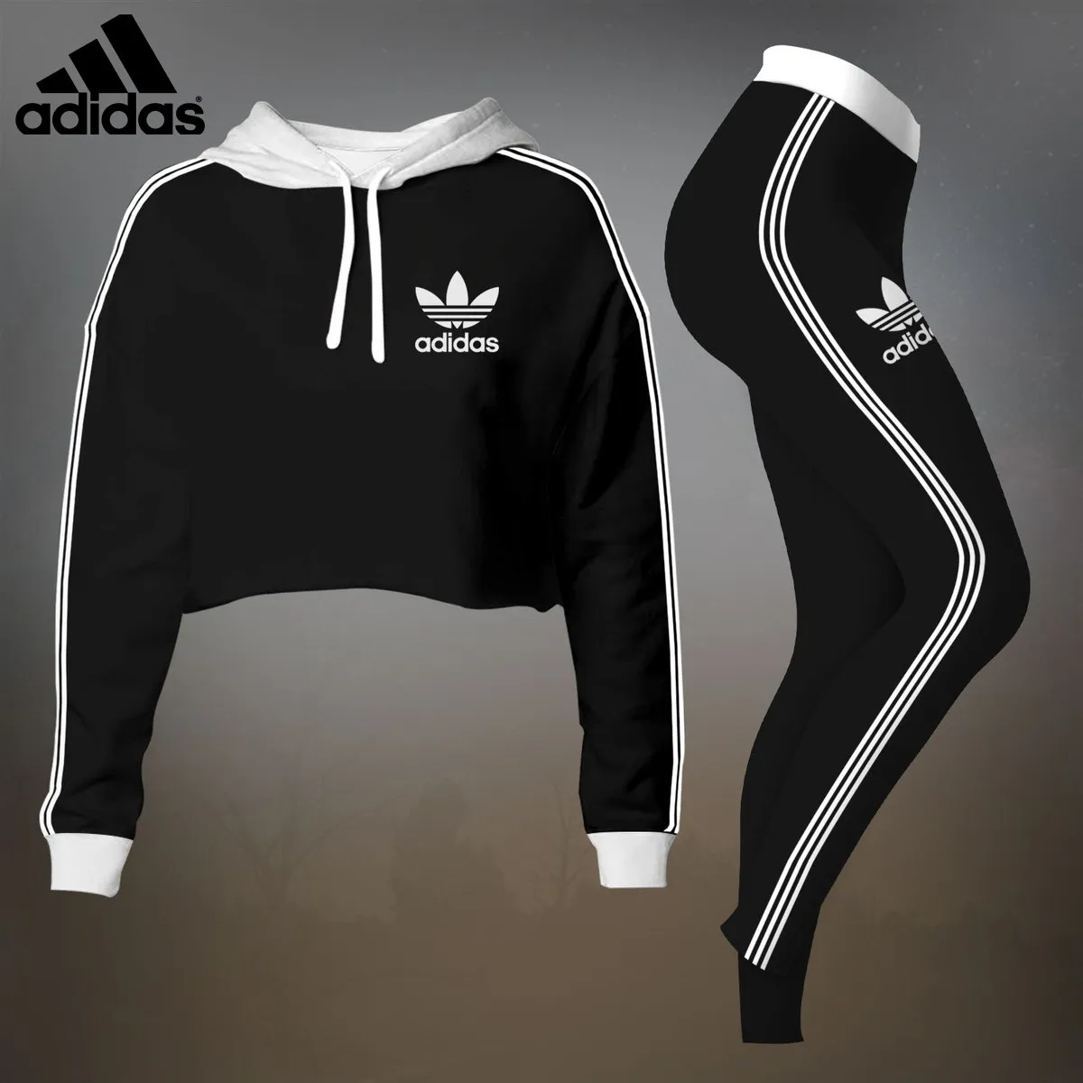 Adidas Logo Black Luxury Brand Premium Clothes Leggings and Crop Top Set Special Outfit For Women