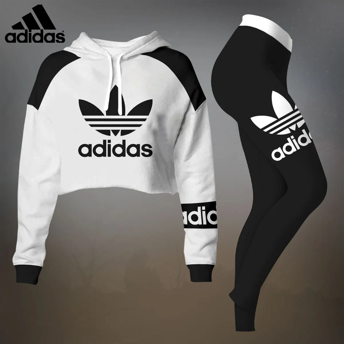 Adidas Logo Black White Luxury Brand Premium Clothes Leggings and Crop Top Set Special Outfit For Women