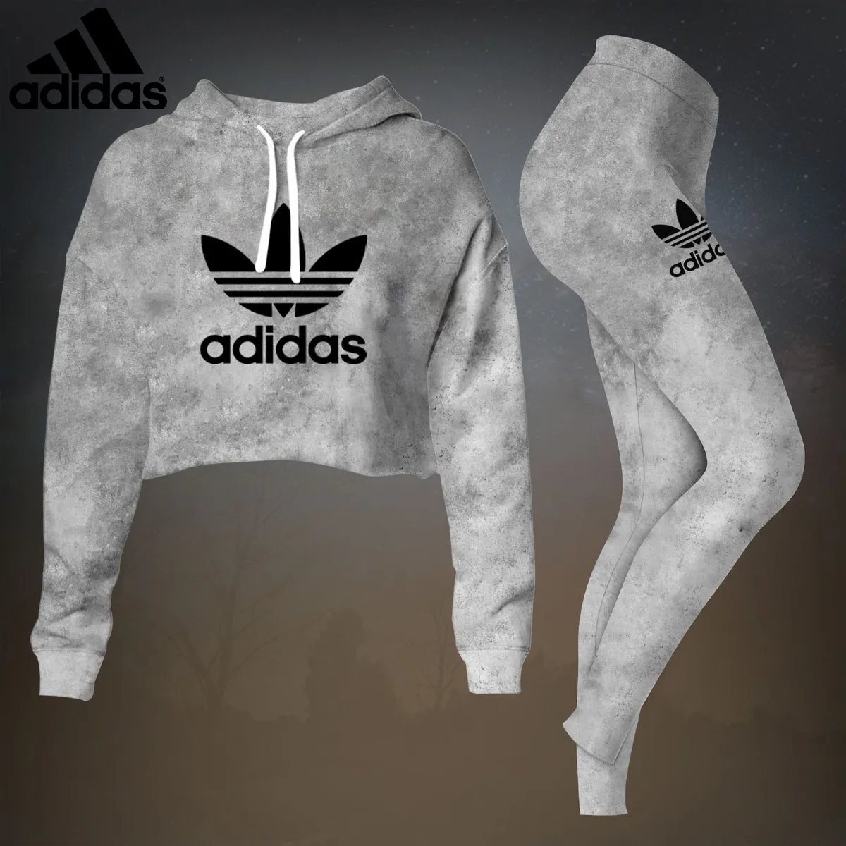 Adidas Grey Luxury Brand Premium Clothes Leggings and Crop Top Set Special Outfit For Women