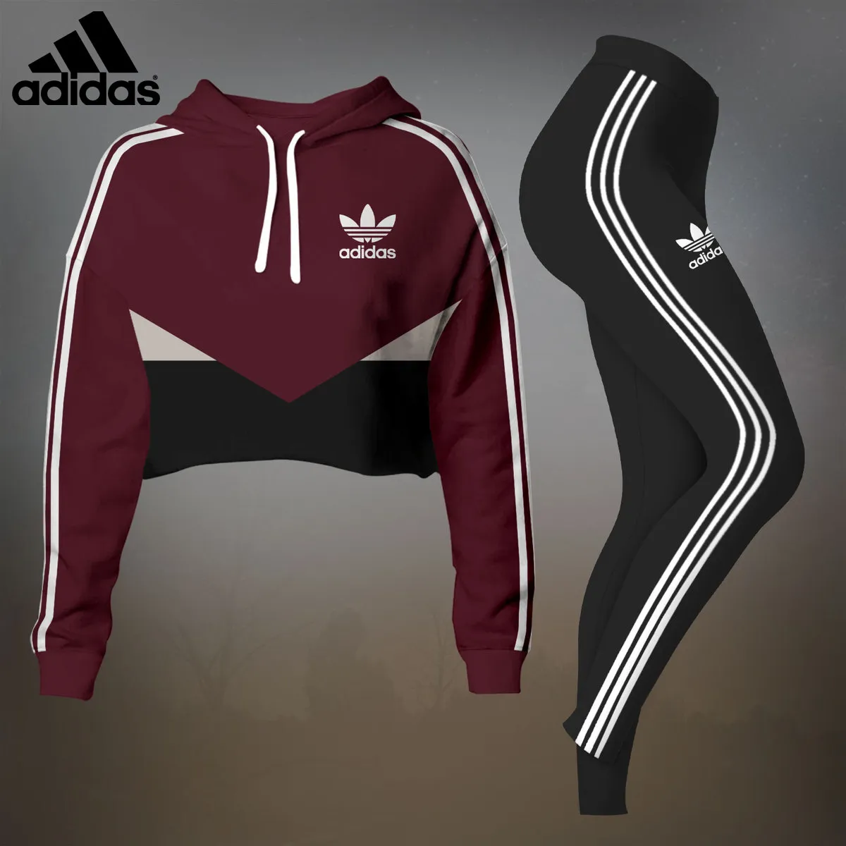 Adidas Red Black Luxury Brand Premium Clothes Leggings and Crop Top Set Special Outfit For Women