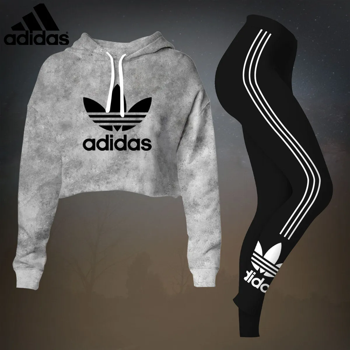 Adidas Grey Black Luxury Brand Premium Clothes Leggings and Crop Top Set Special Outfit For Women