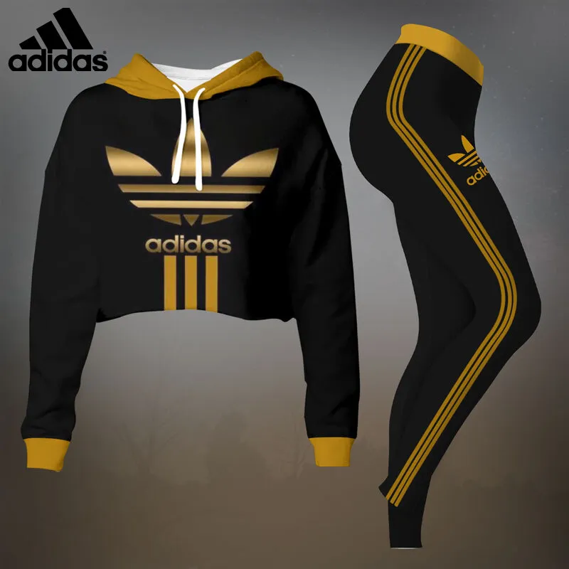Adidas Yellow Black Luxury Brand Premium Clothes Leggings and Crop Top Set Special Outfit For Women