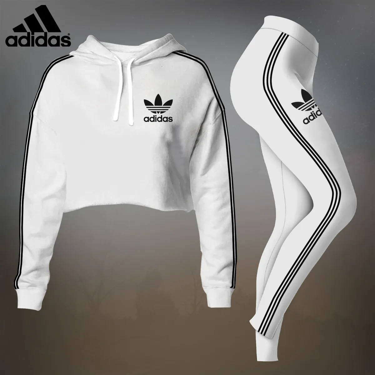 Adidas White Luxury Brand Premium Clothes Leggings and Crop Top Set Special Outfit For Women