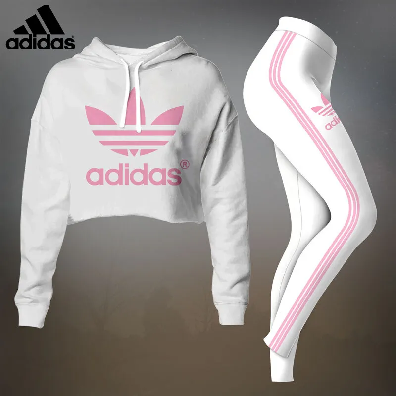 Adidas White Pink Luxury Brand Premium Clothes Leggings and Crop Top Set Outfit For Women