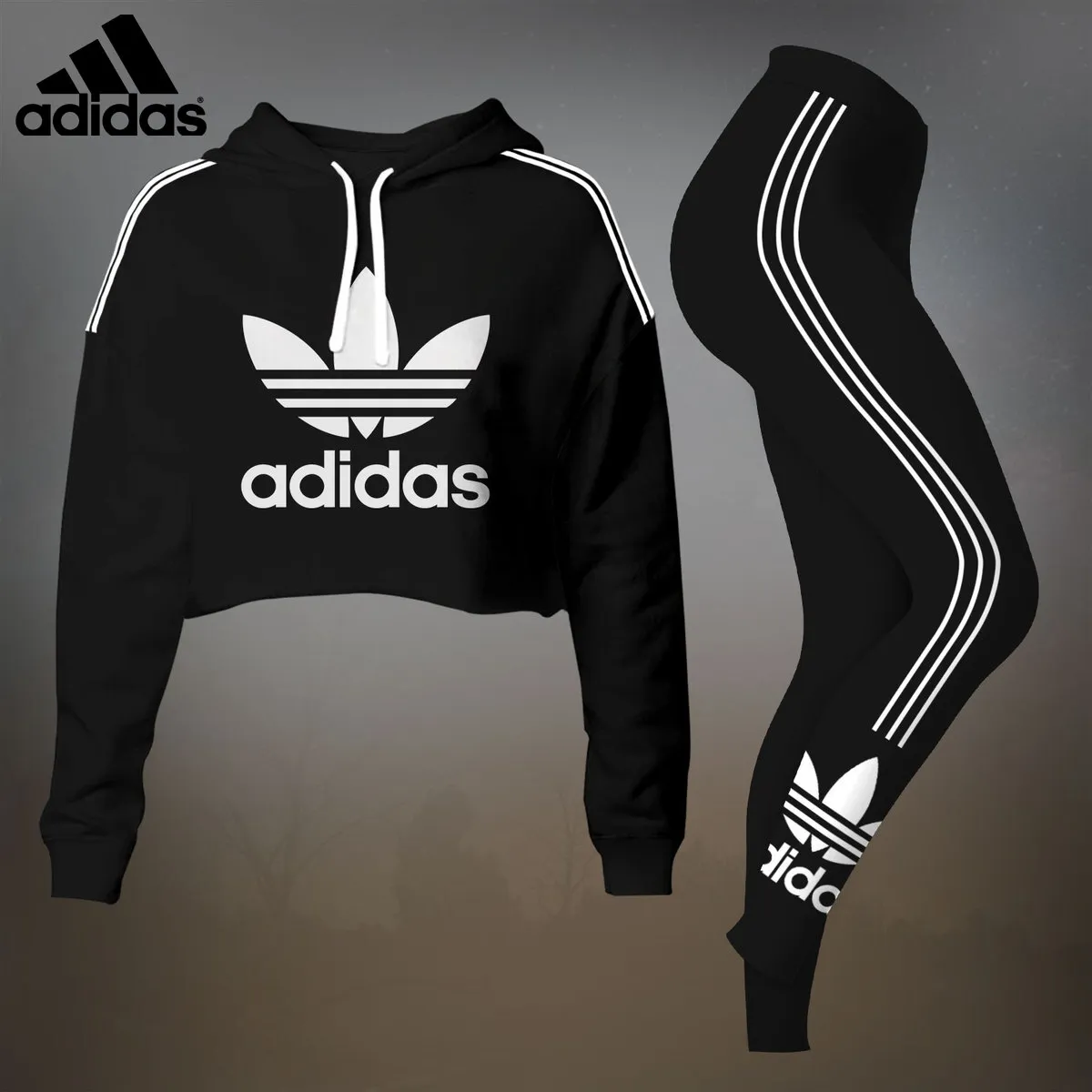 Adidas White Logo Black Luxury Brand Premium Clothes Leggings and Crop Top Set Outfit For Women
