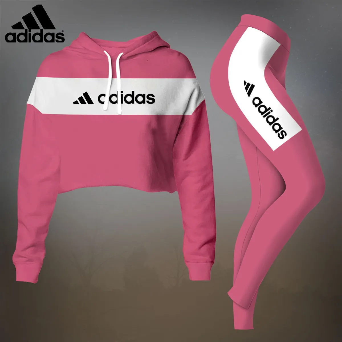 Adidas Pinky Luxury Brand Premium Clothes Leggings and Crop Top Set Outfit For Women