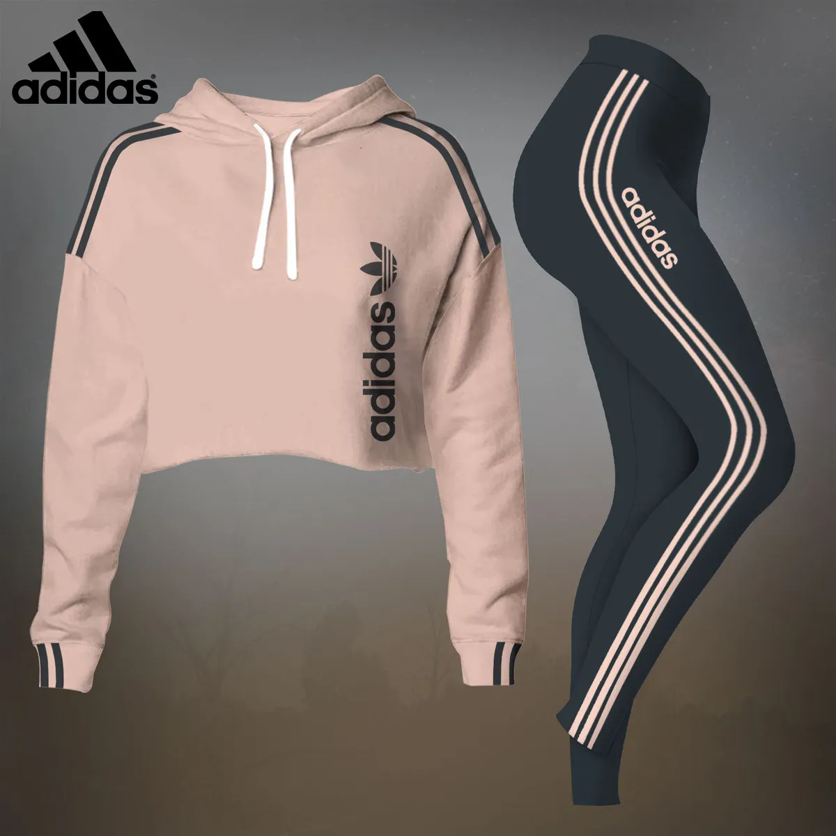 Adidas Brown Black Luxury Brand Premium Clothes Leggings and Crop Top Set Outfit For Women