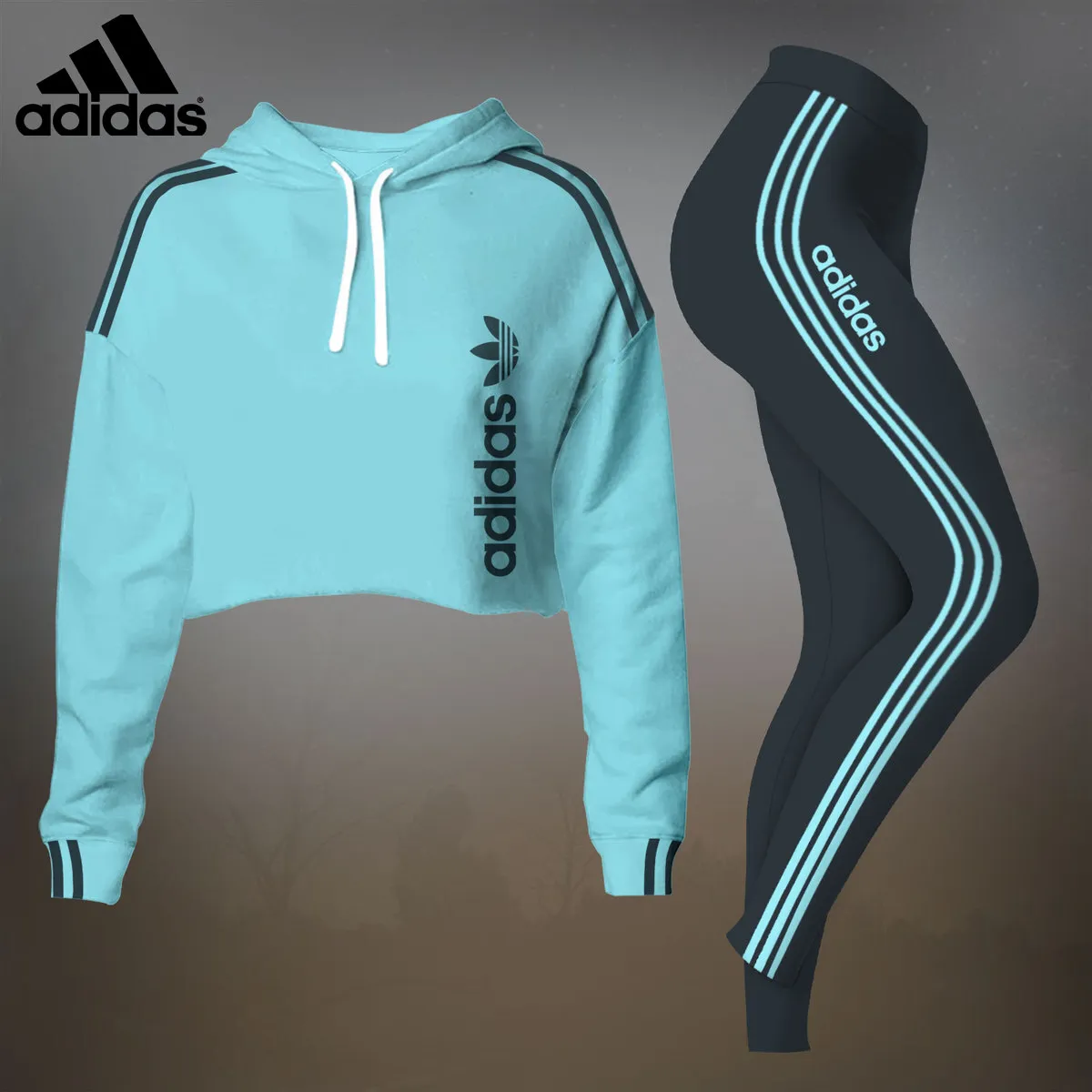 Adidas Cyan Luxury Brand Premium Clothes Leggings and Crop Top Set Outfit For Women