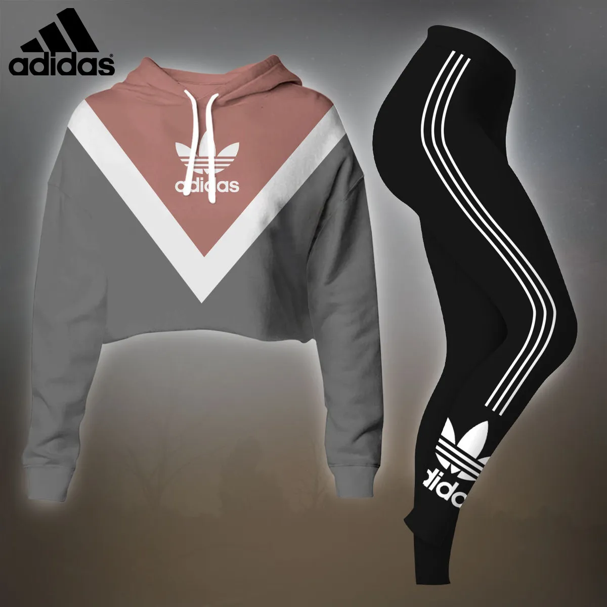 Adidas Brown Grey Black Luxury Brand Premium Clothes Leggings and Crop Top Set Outfit For Women