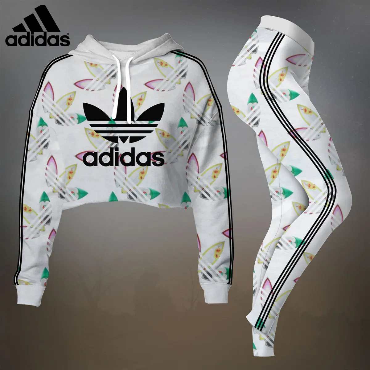 Adidas Pattern Luxury Brand Premium Clothes Leggings and Crop Top Set Outfit For Women