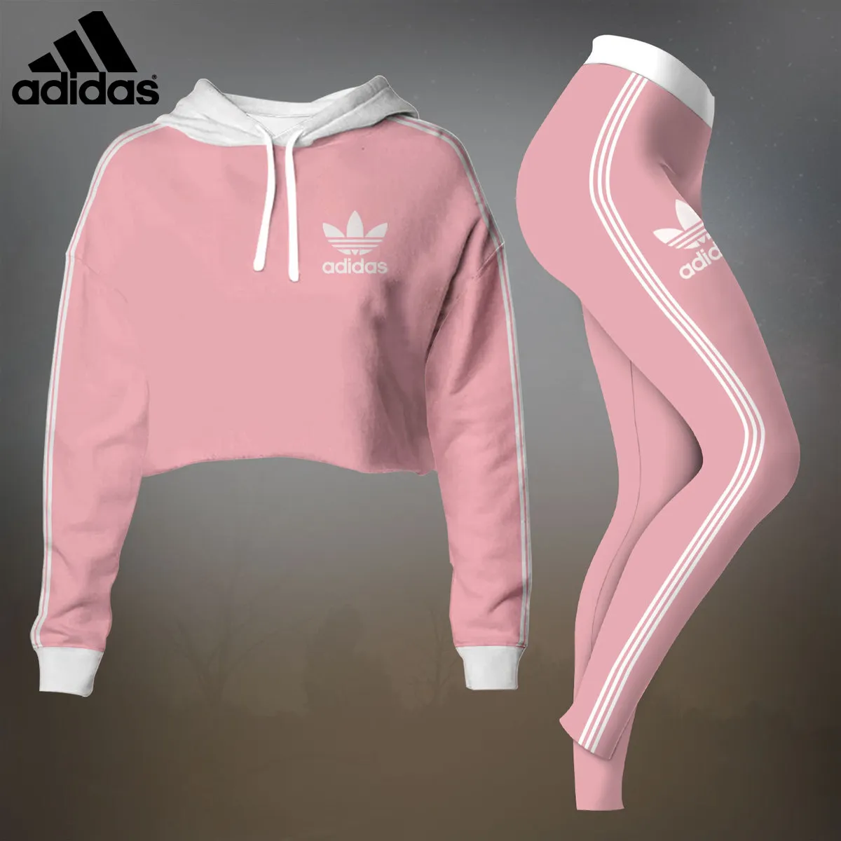 Adidas Light Pink Luxury Brand Premium Clothes Leggings and Crop Top Set Outfit For Women