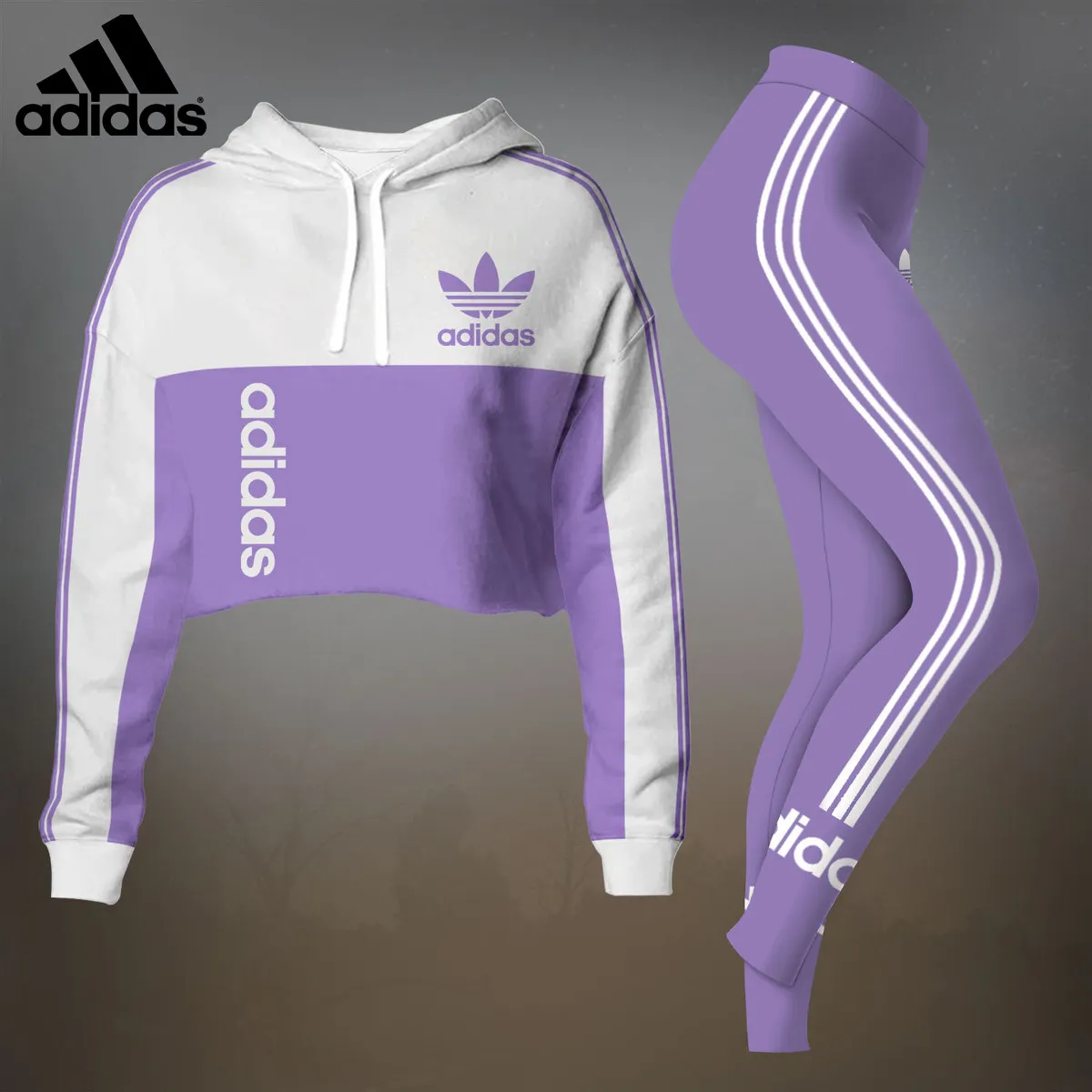 Adidas Purple Luxury Brand Premium Clothes Leggings and Crop Top Set Outfit For Women