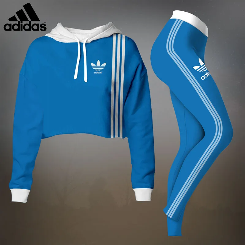 Adidas Blue Luxury Brand Premium Clothes Leggings and Crop Top Set Outfit For Women