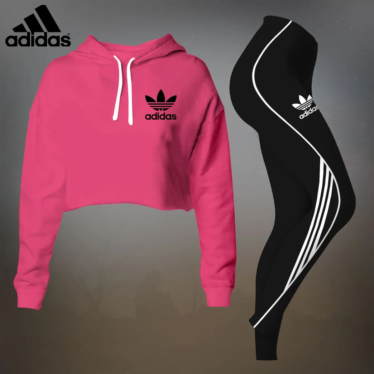 Adidas Black Pink Luxury Brand Premium Clothes Leggings and Crop Top Set Outfit For Women