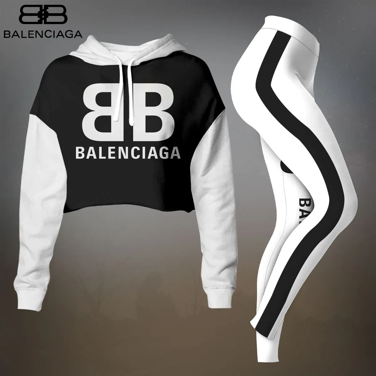 Balenciaga Pattern Black White Luxury Brand Premium Clothes Leggings and Crop Top Set Outfit For Women