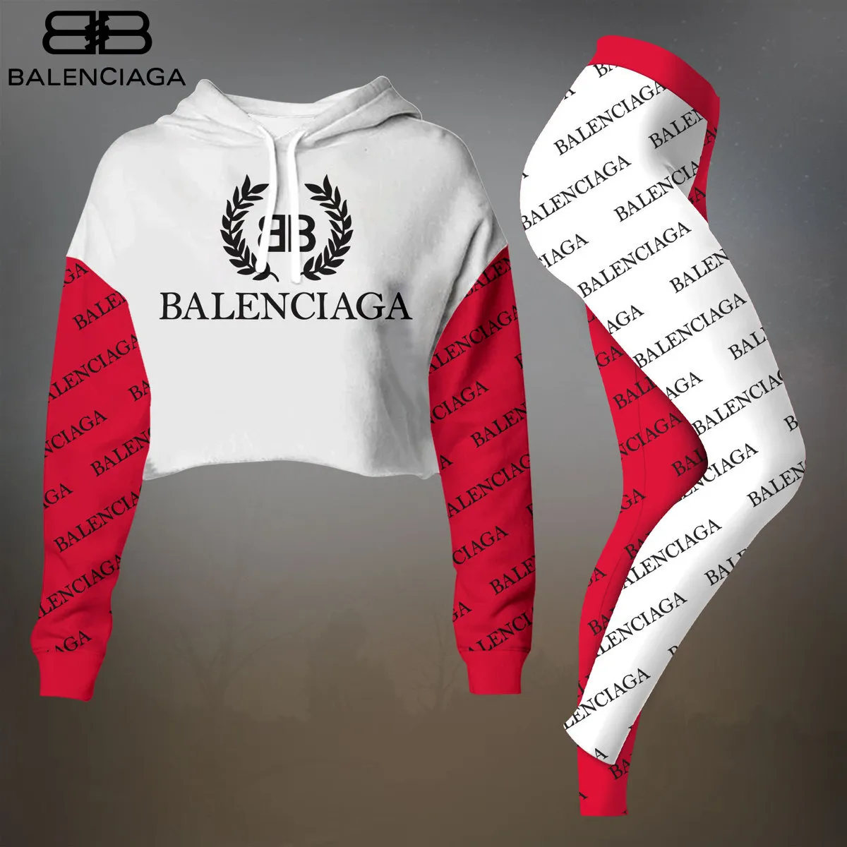 Balenciaga Red White Luxury Brand Premium Clothes Leggings and Crop Top Set Outfit For Women