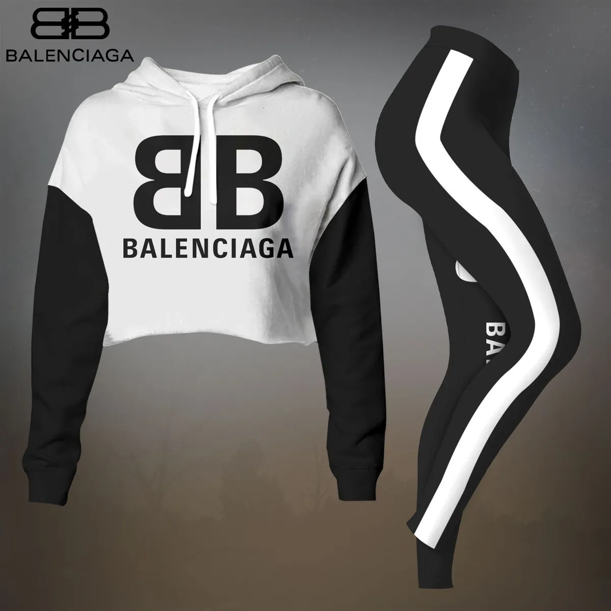 Balenciaga Black White Luxury Brand Premium Clothes Leggings and Crop Top Set Special Outfit For Women