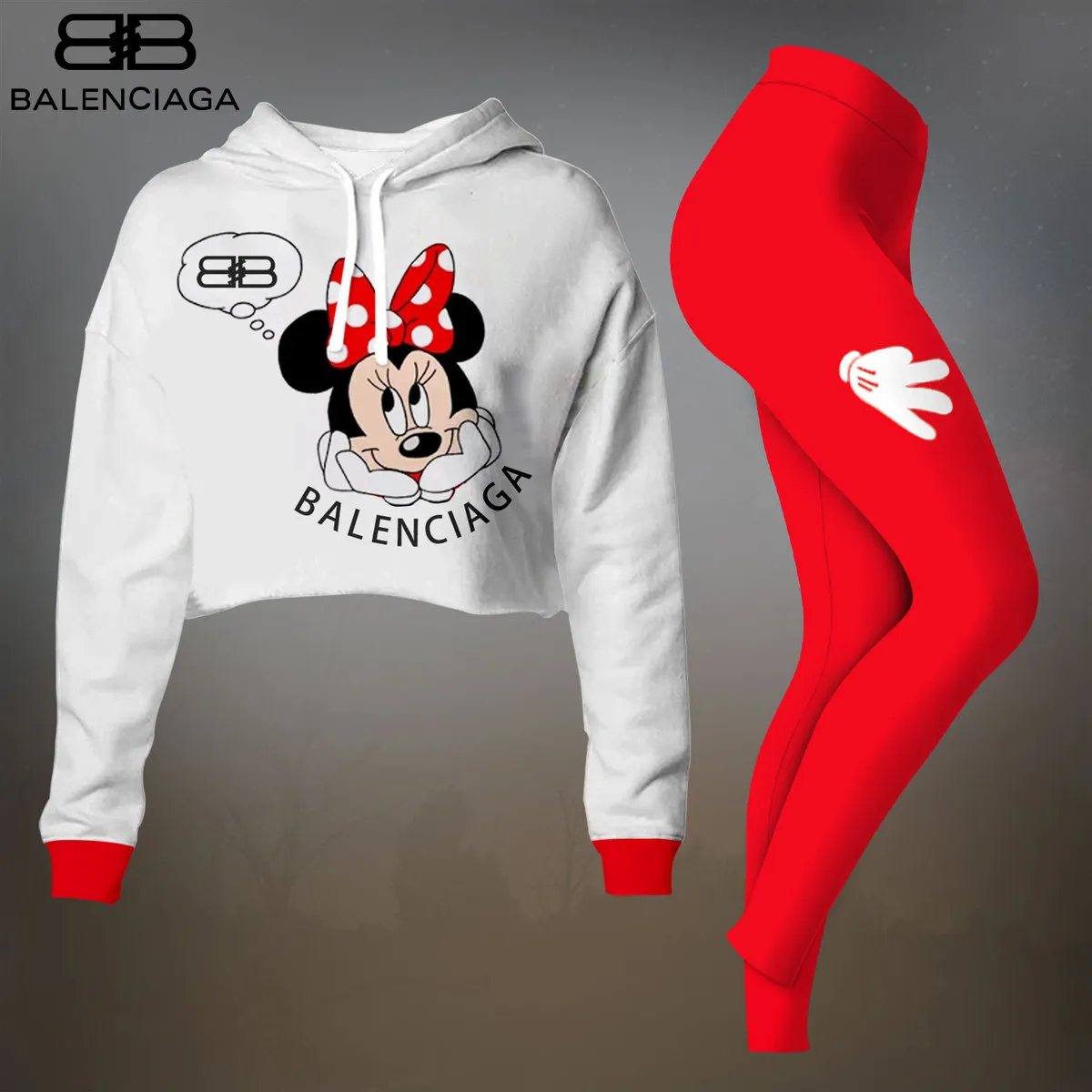 Balenciaga Minnie Mouse Red White Luxury Brand Premium Clothes Leggings and Crop Top Set Special Outfit For Women