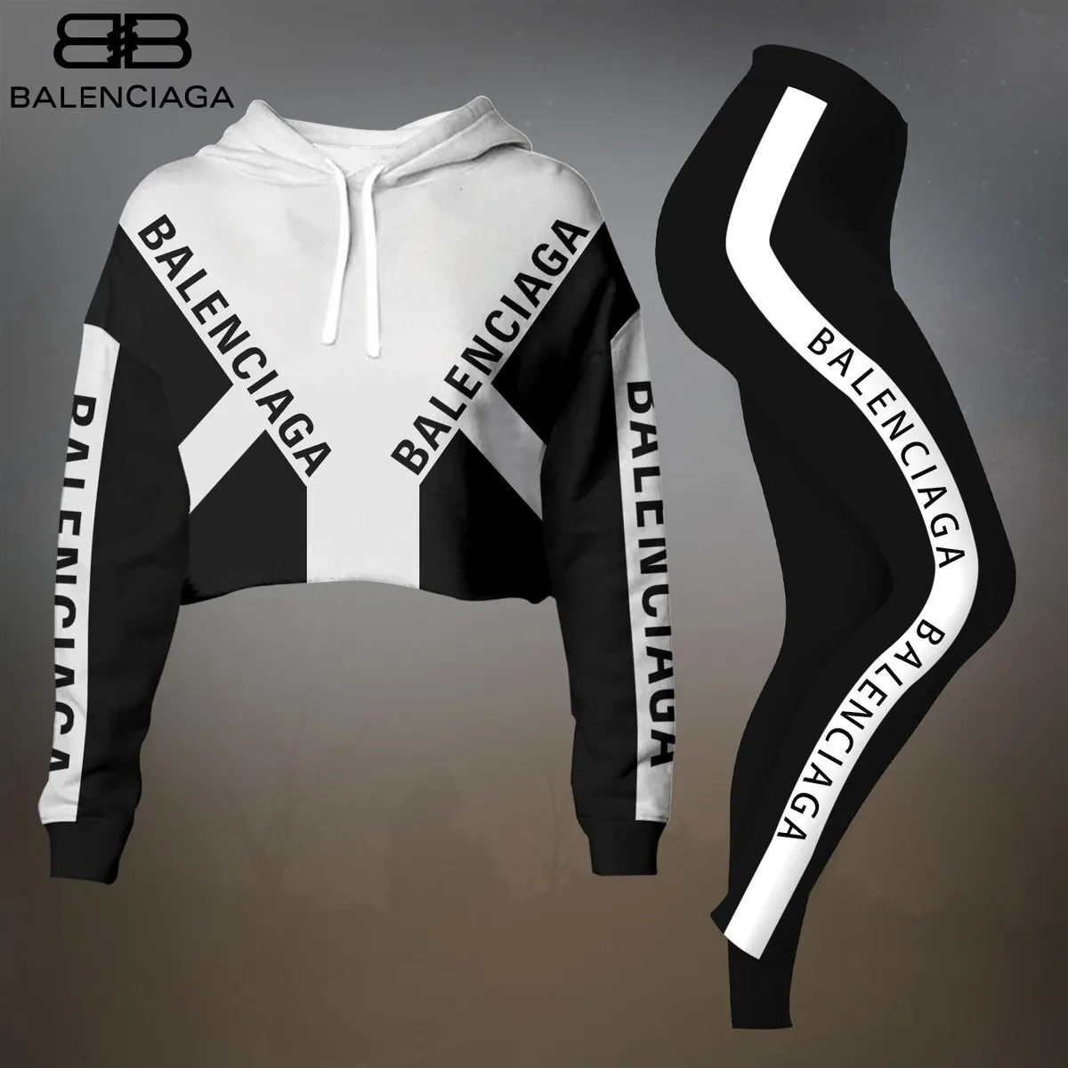 Balenciaga Logo Black White Luxury Brand Premium Clothes Leggings and Crop Top Set Special Outfit For Women
