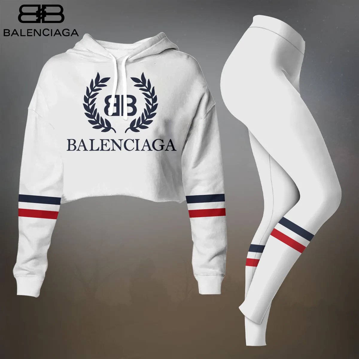 Balenciaga White Luxury Brand Premium Clothes Leggings and Crop Top Set Special Outfit For Women