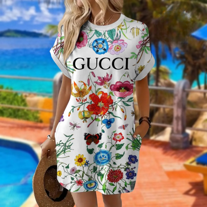 Gucci Flowers Luxury Brand Premium Clothes Batwing Pocket Dress Special Outfit For Women