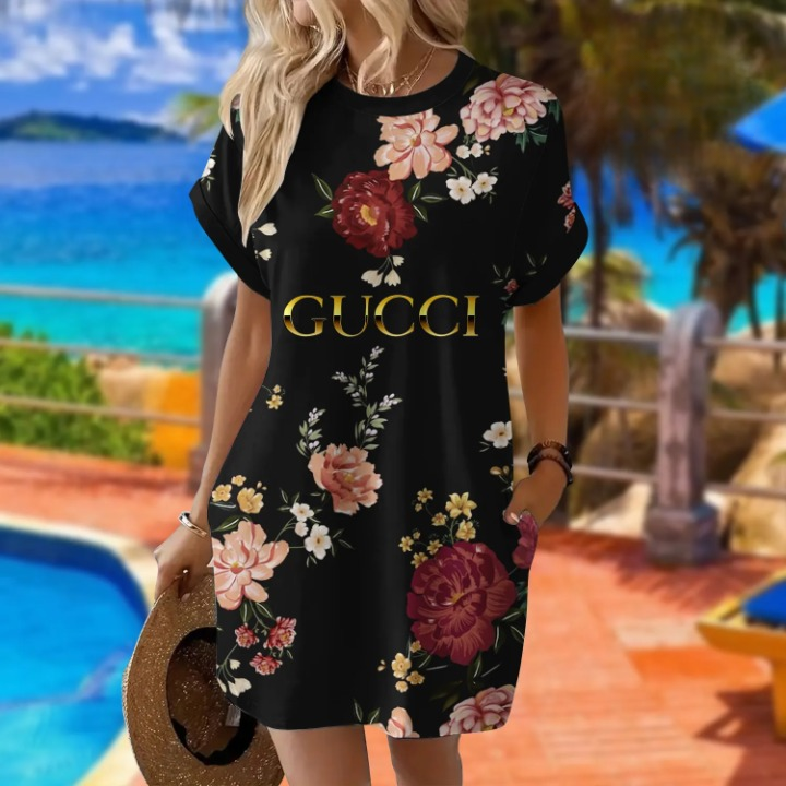 Gucci Flowers Black Luxury Brand Premium Clothes Batwing Pocket Dress Special Outfit For Women