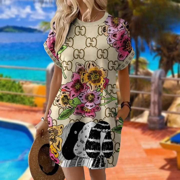 Gucci Floral Beige Luxury Brand Premium Clothes Batwing Pocket Dress Special Outfit For Women