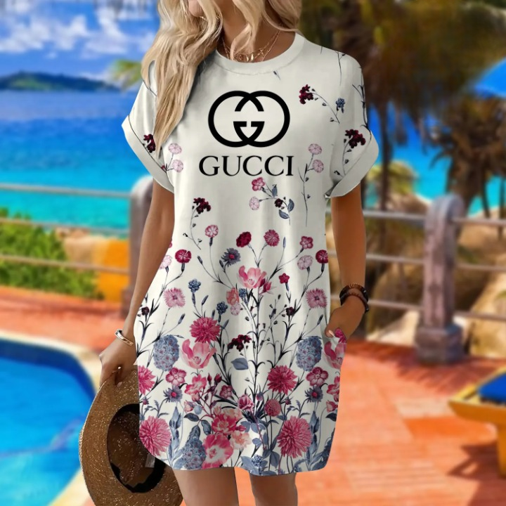 Gucci Logo Floral Luxury Brand Premium Clothes Batwing Pocket Dress Special Outfit For Women