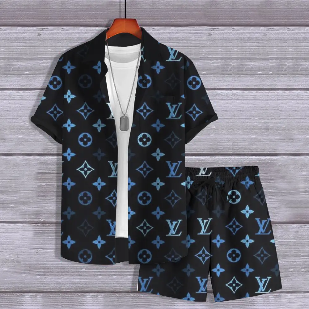 Louis Vuitton Blue Logo Black Luxury Brand Hawaii Set Premium Outfit Special Style Fashion For Men