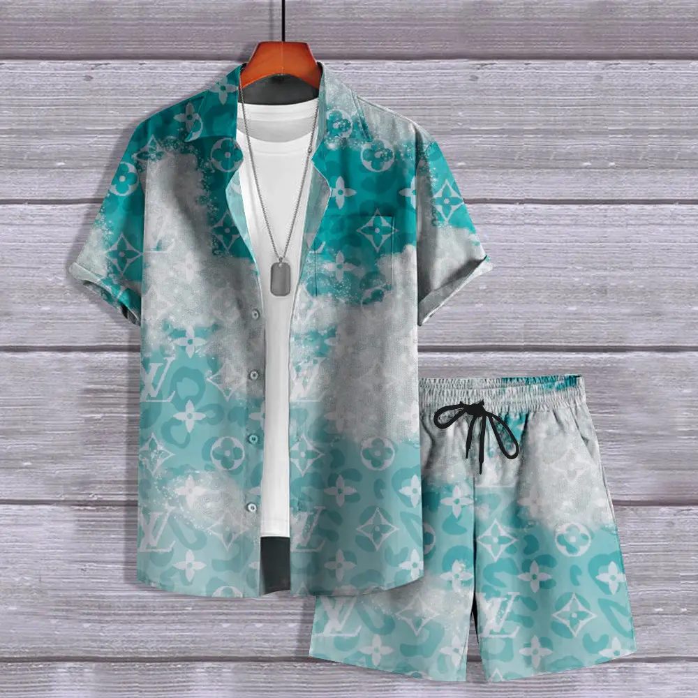Louis Vuitton Logo Cyan Luxury Brand Hawaii Set Premium Outfit Special Style Fashion For Men