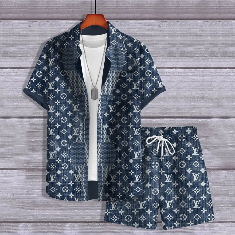 Louis Vuitton Logo Blue Luxury Brand Hawaii Set Premium Outfit Special Style Fashion For Men