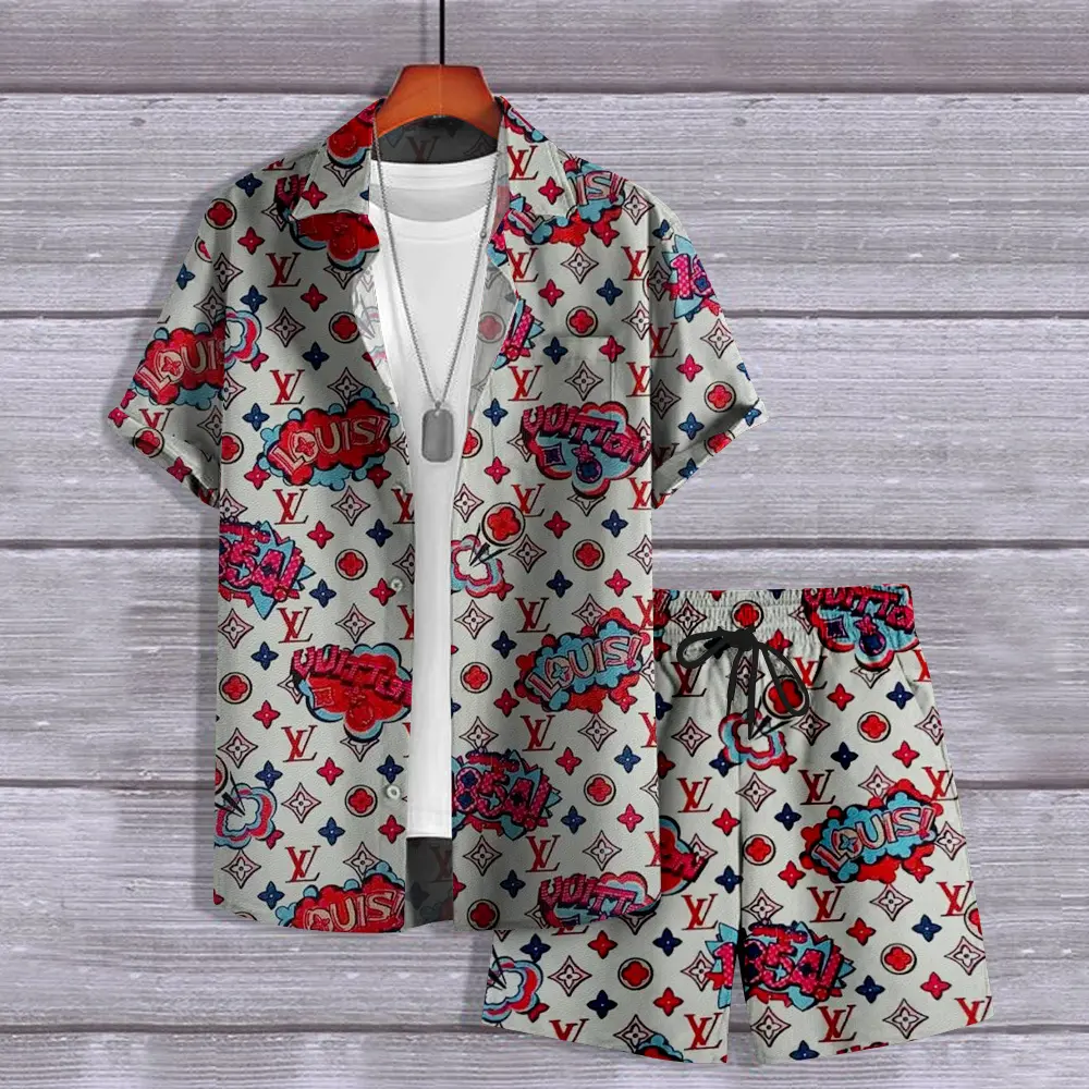 Louis Vuitton Logo Luxury Brand Hawaii Set Premium Outfit For Summer Holiday Special Style Fashion For Men