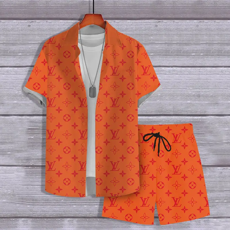 Louis Vuitton Logo Orange Luxury Brand Hawaii Set Premium Outfit For Summer Holiday Special Style Fashion For Men