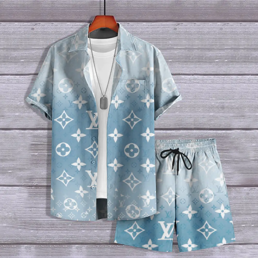 Louis Vuitton Light Blue Luxury Brand Hawaii Set Premium Outfit For Summer Holiday Special Style Fashion For Men