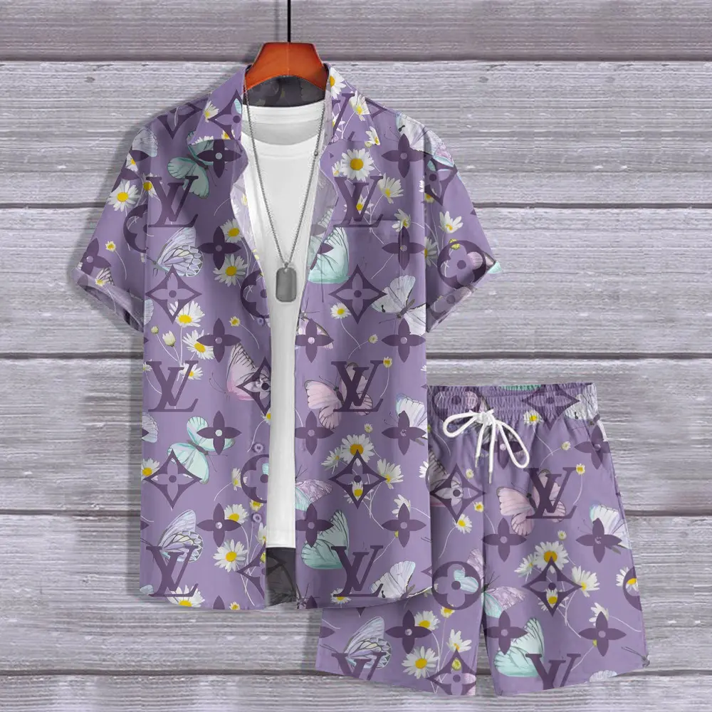 Louis Vuitton Butterfly Purple Luxury Brand Hawaii Set Premium Outfit For Summer Holiday Special Style Fashion For Men
