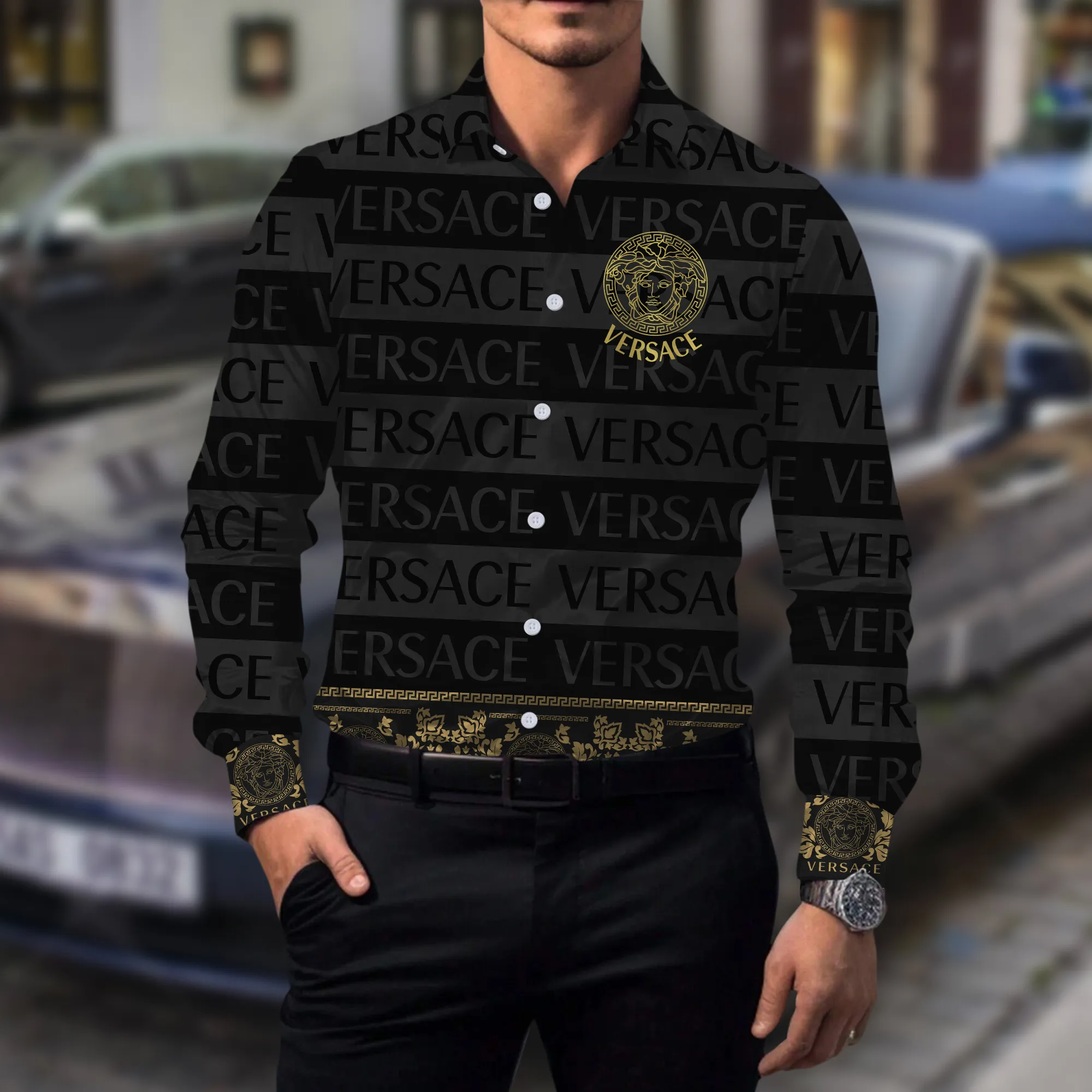 Versace Logo Medusa Black Luxury Brand Premium Long Sleeve Button Shirt Collection Fashion Style For Men