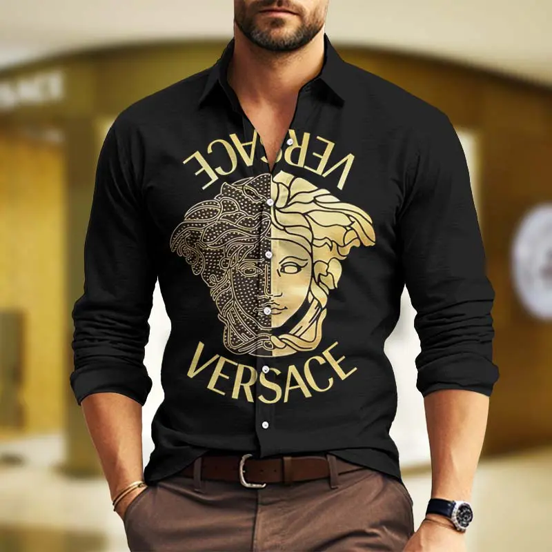 Versace Gold Medusa Black Luxury Brand Premium Long Sleeve Button Shirt Collection Fashion Style For Men