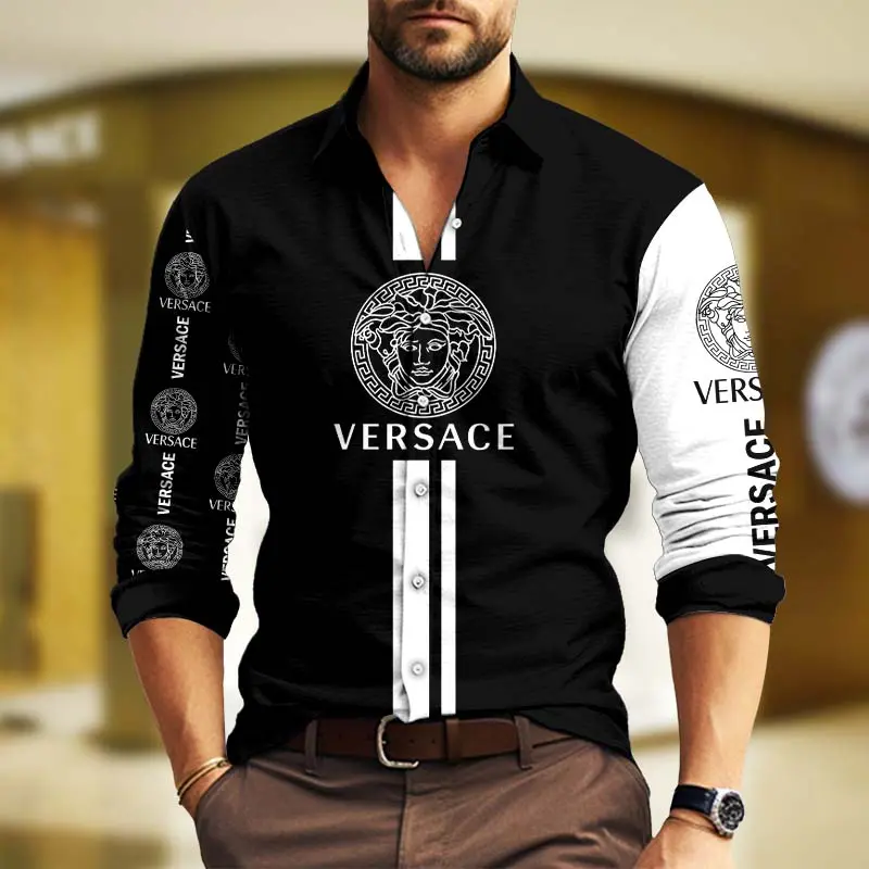 Versace Medusa Black White Luxury Brand Premium Long Sleeve Button Shirt Collection Fashion Style For Men