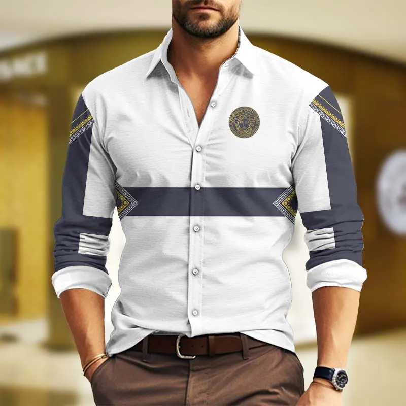 Versace Pattern White Luxury Brand Premium Long Sleeve Button Shirt Collection Fashion Style For Men