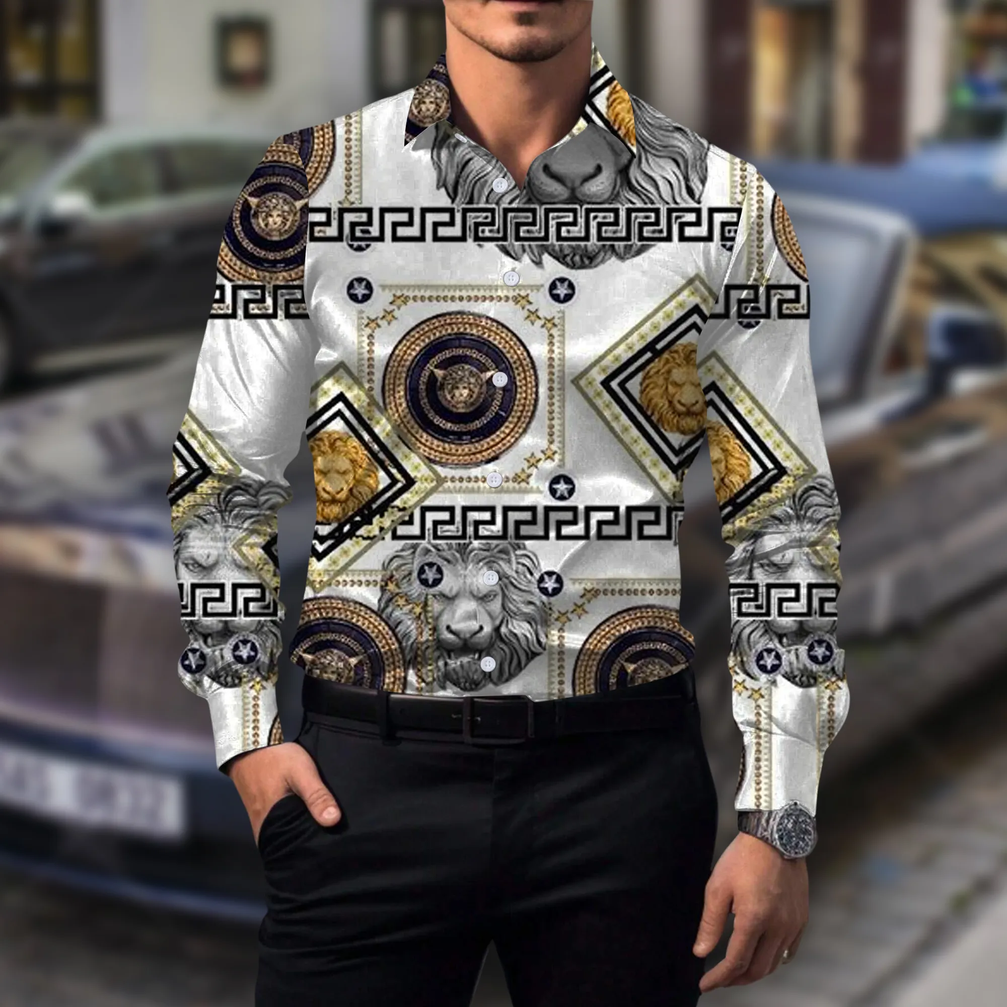 Versace Lion Pattern White Luxury Brand Premium Long Sleeve Button Shirt Collection Fashion Style For Men