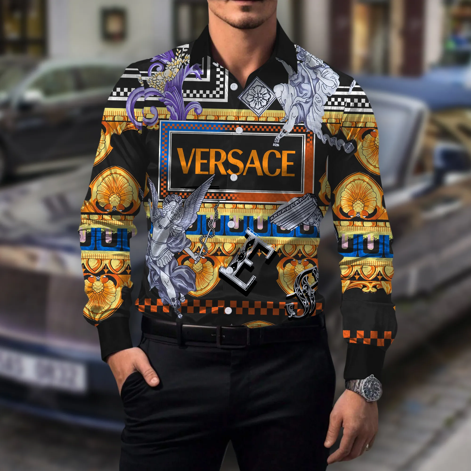 Versace Roman Pattern Luxury Brand Premium Long Sleeve Button Shirt Collection Fashion Style For Men