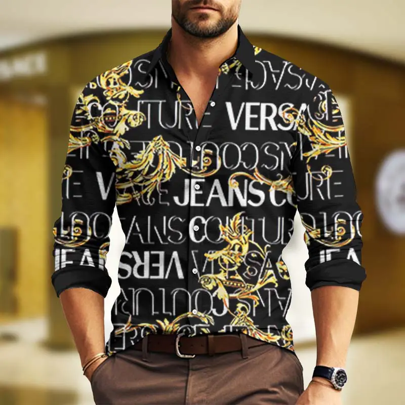 Versace Gold Pattern Luxury Brand Premium Long Sleeve Button Shirt Collection Fashion Style For Men