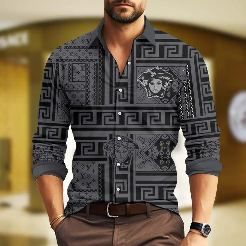 Versace Medusa Grey Luxury Brand Premium Long Sleeve Button Shirt Collection Fashion Style For Men