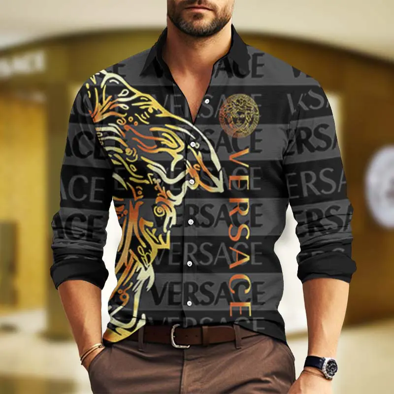 Versace Medusa Black Grey Luxury Brand Premium Long Sleeve Button Shirt Collection Fashion Style For Men