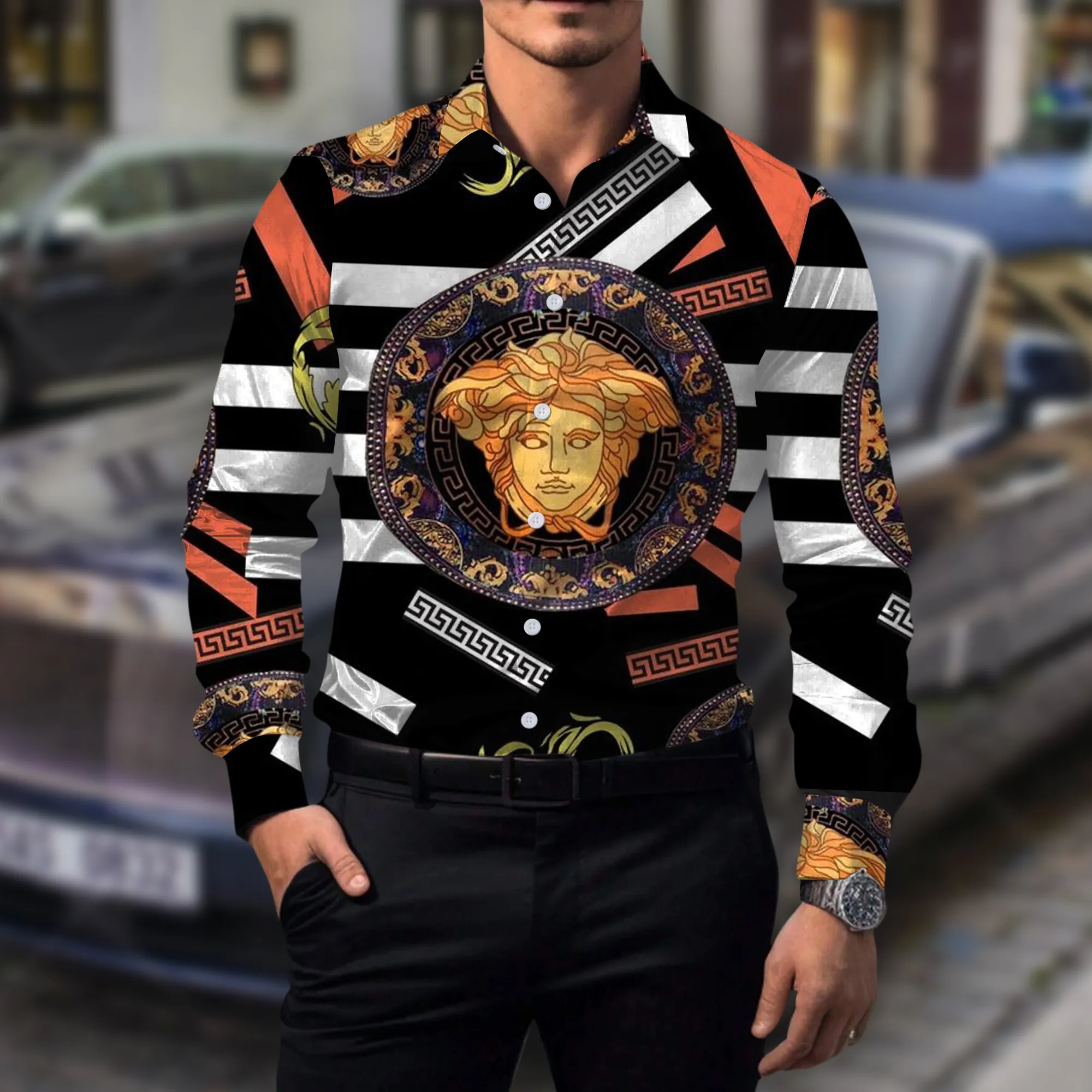 Versace Gold Medusa Pattern Luxury Brand Premium Long Sleeve Button Shirt Collection Fashion Style For Men