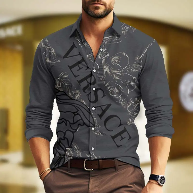 Versace Grey Luxury Brand Premium Long Sleeve Button Shirt Collection Fashion Style For Men