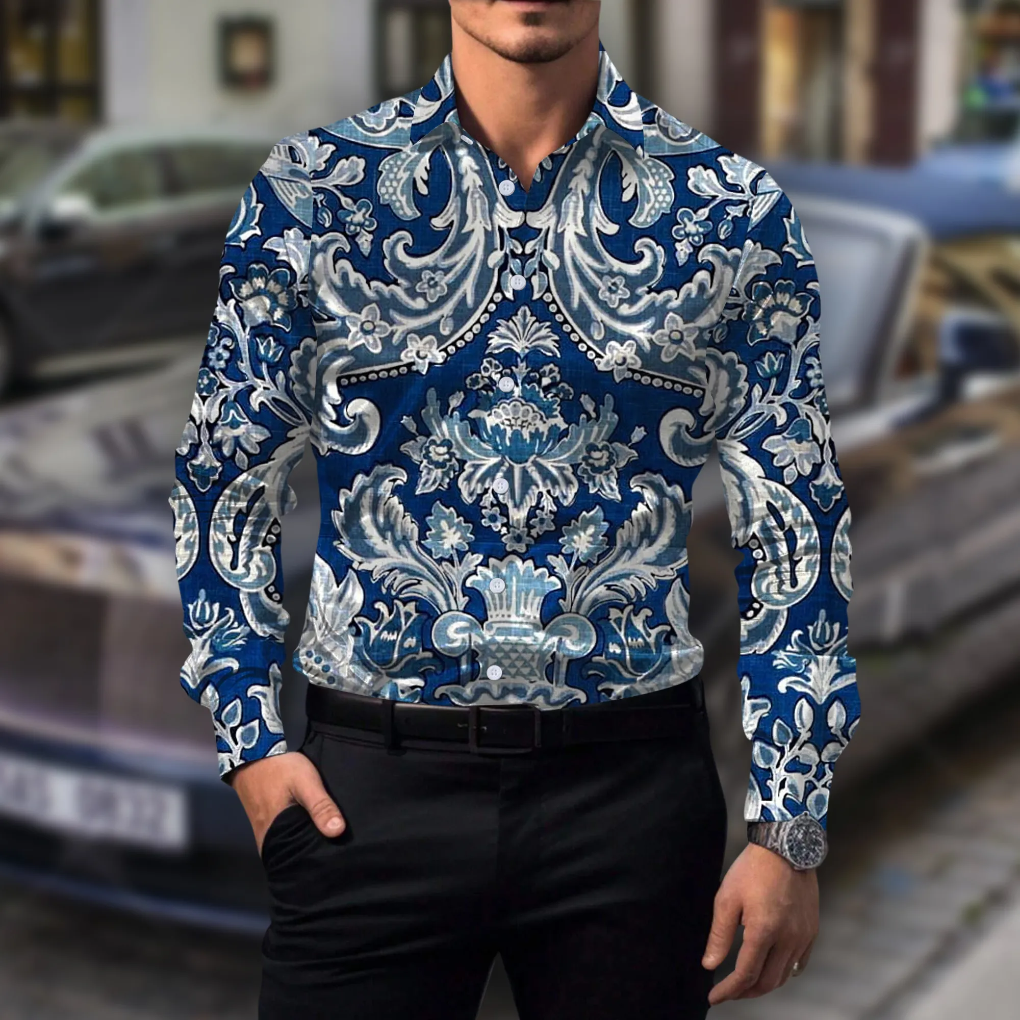 Versace Blue Luxury Premium Long Sleeve Button Shirt Collection Fashion Style For Men