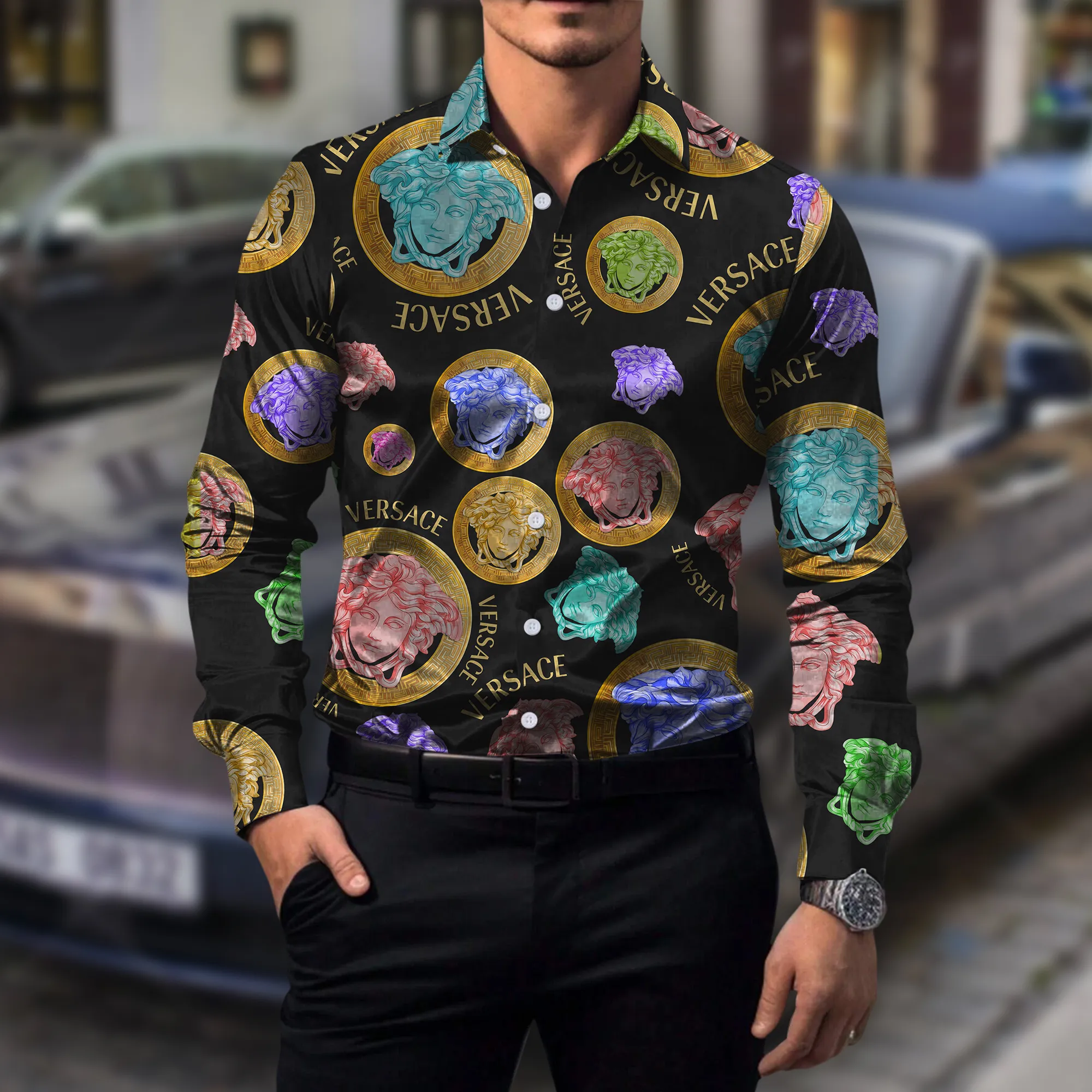 Versace Colorful Medusa Luxury Premium Long Sleeve Button Shirt Collection Fashion Style For Men